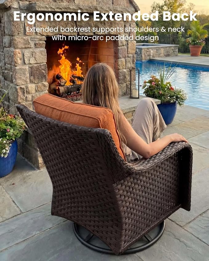 5 Pieces Outdoor Furniture Set with 6-inch Cushions, High Back Wicker Swivel Rocker Chairs with Coffee Table, Luxury Conversation Set for Deck Patio and Poolside