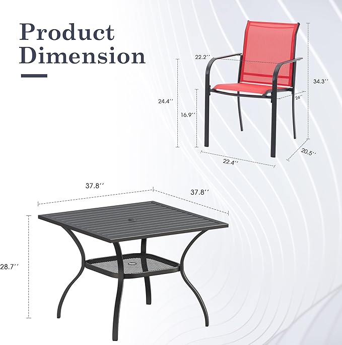 5 Pieces Outdoor Dining Set, Stackable Textilene Paito Chairs & 37.8" Square Dining Table with Umbrella Hole and Shelf, Patio Dining Set for Garden, Backyard, Deck, Red & Black