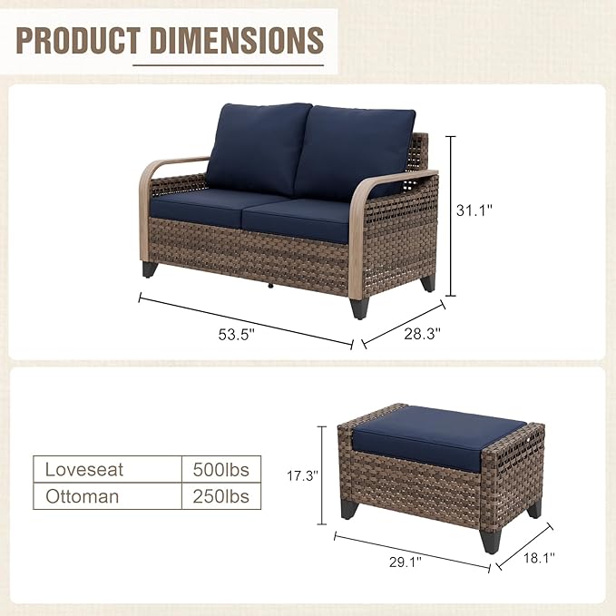 Modern Wicker Patio Furniture Set, Rattan Outdoor Conversation Set with Comfortable Cushions, 2 Seat Loveseat and 2 Ottomans, 3 Pieces, Brown/Blue