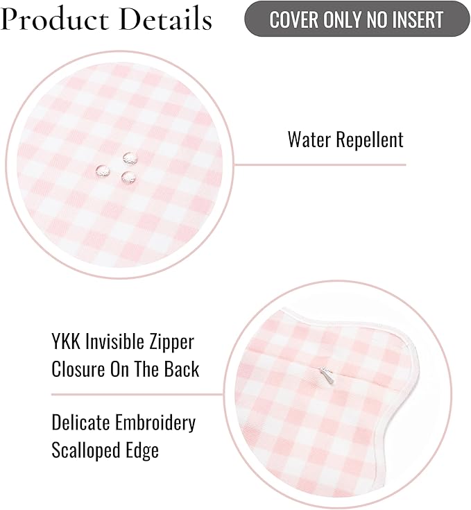 Hofdeco Premium Grandmillennial Patio Indoor Outdoor Throw Pillow Cover Only, 20"x20" Water Repellent for Backyard, Couch, Poolside, Blush Pink Print Gingham