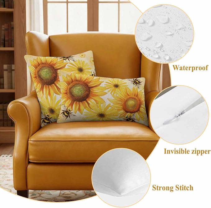 Outdoor Throw Pillow Covers,Farmhouse Sunflower Bee on Linen Waterproof Decorative Pillowcases Cushion Cover Retro Pastoral Yellow Flower Pillow Cases for Patio Couch Sofa Bed,20x20in Set of 2