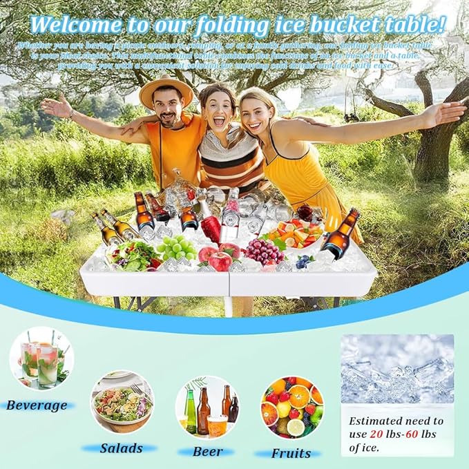 5 Foot Folding Ice Cooler Table with Drain and Dual Basins — Portable Fill and Chill Beverage Table for Parties, BBQ, Camping & Outdoor Events, 440 lb Capacity Ice Bin, No Assembly Required