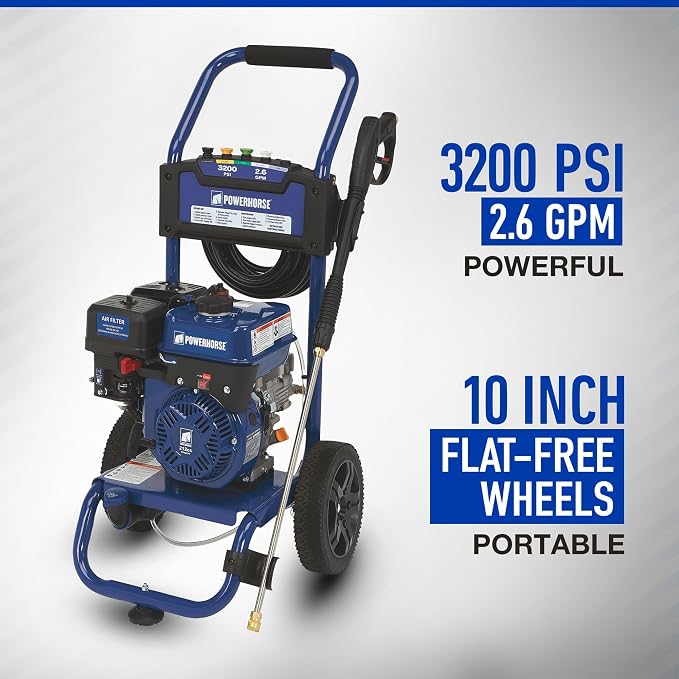 Powerhorse Gas Cold Water Pressure Washer, 3400 PSI, 2.7 GPM, Maintenance-Free Axial Pump, Steel Tube Frame