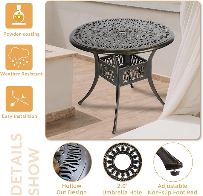 3-Piece Outdoor Patio Dining Set, All-Weather Cast Aluminum Patio Furniture Set for Backyard Garden Deck with 2 Swivel Cushioned Chairs and 35.4” Round Table, 2" Umbrella Hole, Khaki