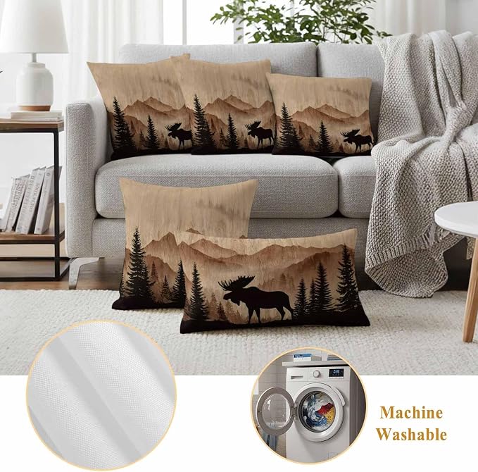 Moose Silhouette Outdoor Pillow Covers 18"x18" Set of 2, Nature Mountain Landscape Waterproof Throw Pillow Covers for Patio Furniture, Decorative Cushion Covers for Porch