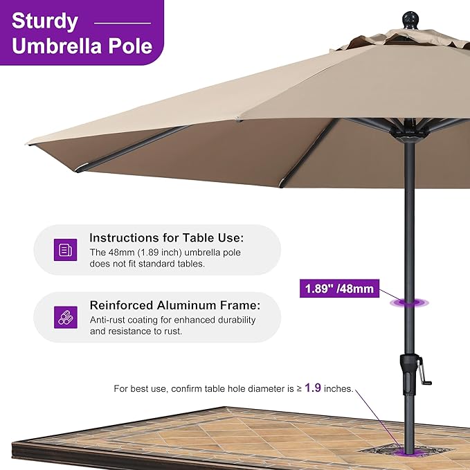 PURPLE LEAF 12' x 9' Rectangle Patio Market Umbrella with Base Outdoor Table Umbrellas Aluminum Frame Sun Shade with 8 Sturdy Ribs for Garden Deck Lawn Pool Taupe