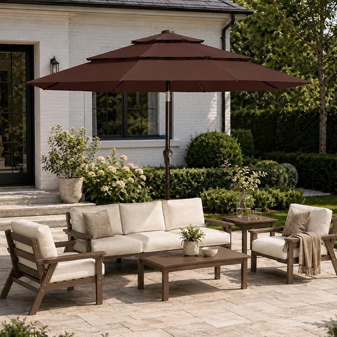 10ft Patio Umbrella, 3-Tier Vented Outdoor Table Umbrella with 8 Sturdy Fiberglass Ribs, Windproof Market Umbrella with Push Button Tilt and Crank, UV Protection for Deck, Pool, Brown