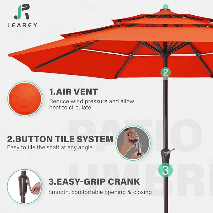 JEAREY 9FT 3 Tier Patio Umbrella Outdoor Market Umbrella Table Umbrellas with 8 Ribs 1.5 Pole Push Button Tilt and Crank UV Protection for Garden,Orange