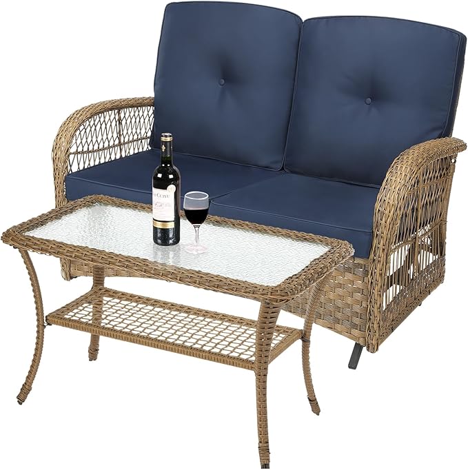 MEETWARM Outdoor Wicker Patio Glider Set, Loveseat for 2 Person Porch Furniture Glider with Glass-Top Coffee Table, Patio Glider Rocking Bench with Thickened Cushions, Navy Blue