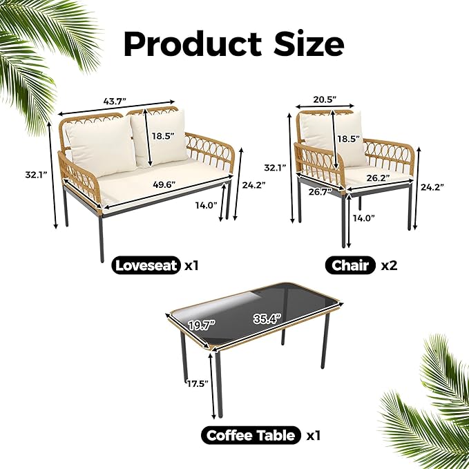 4 Piece Outdoor Patio Furniture Set PE Wicker Loveseat and Chairs with Glass Coffee Table Bohemian Rattan Conversation Set for Patio Garden Balcony