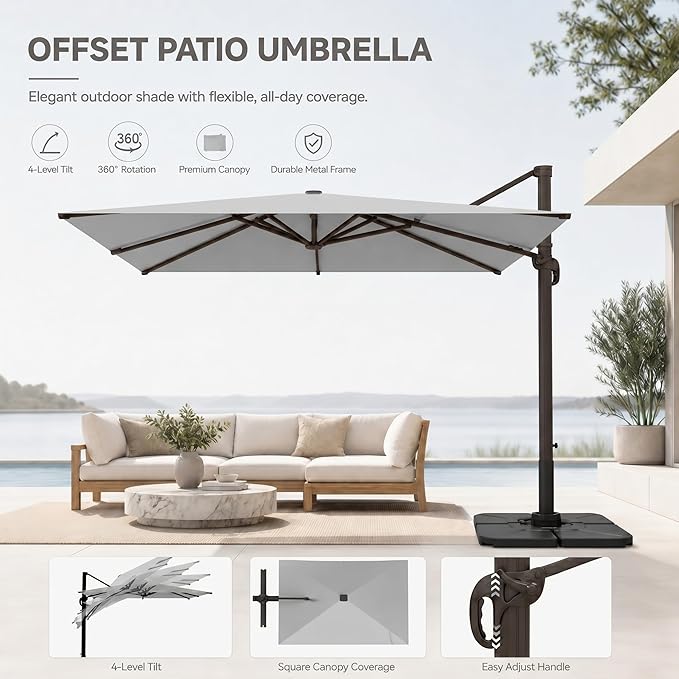 Cantilever Patio Umbrella, Large Square Outdoor Offset Umbrella with Aluminum Pole, 360-degree Rotation for Garden, Deck, Pool