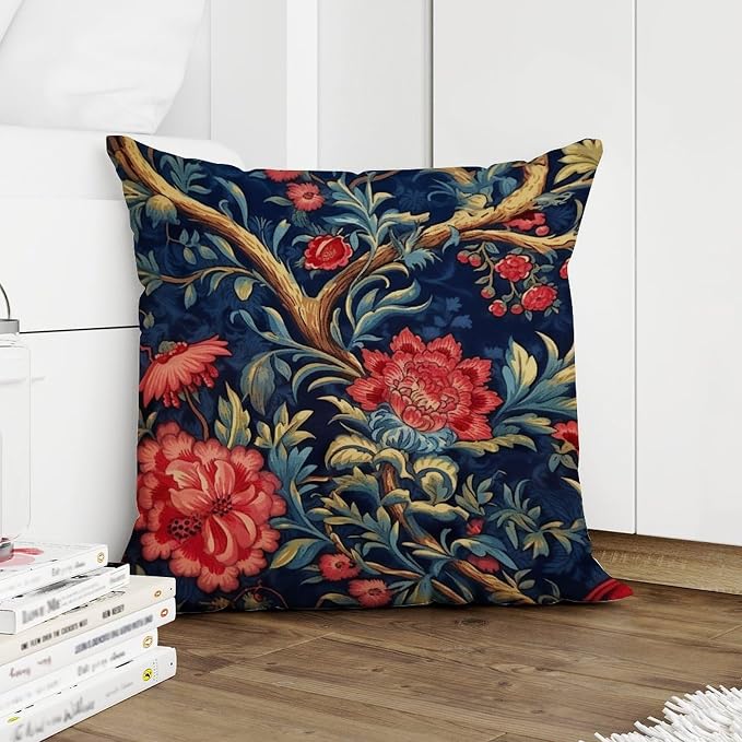 Throw Pillow Covers Navy Blue Floral Botanical Throw Pillow Covers Farmhouse Burgundy Gold Olive Pillow Cover Accent Farmhouse Decor Pillow for Patio Furniture Tent Garden 24x24 in