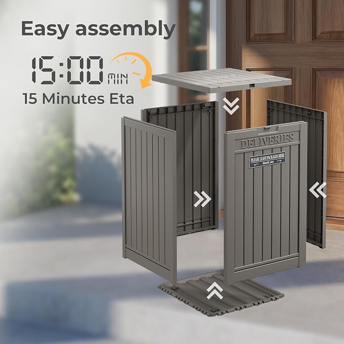Package Delivery Box for Outside With Sign, Lockable Outdoor Storage Box Waterproof Deck Box, Large Double Wall Resin Parcel Drop Boxes, 48 Gallon, Gray