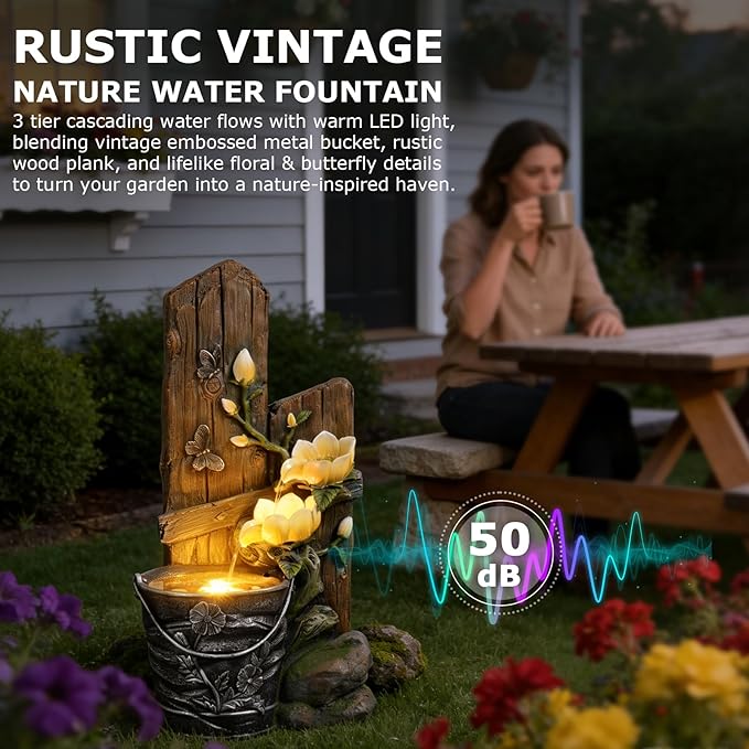 30.7" H Rustic Water Fountain Outdoor 3-Tier Waterfall Fountains Faux Iron Bucket with Flower Accents,Water Feature Outdoor for Garden, Backyard, Patio, Porch, Yard