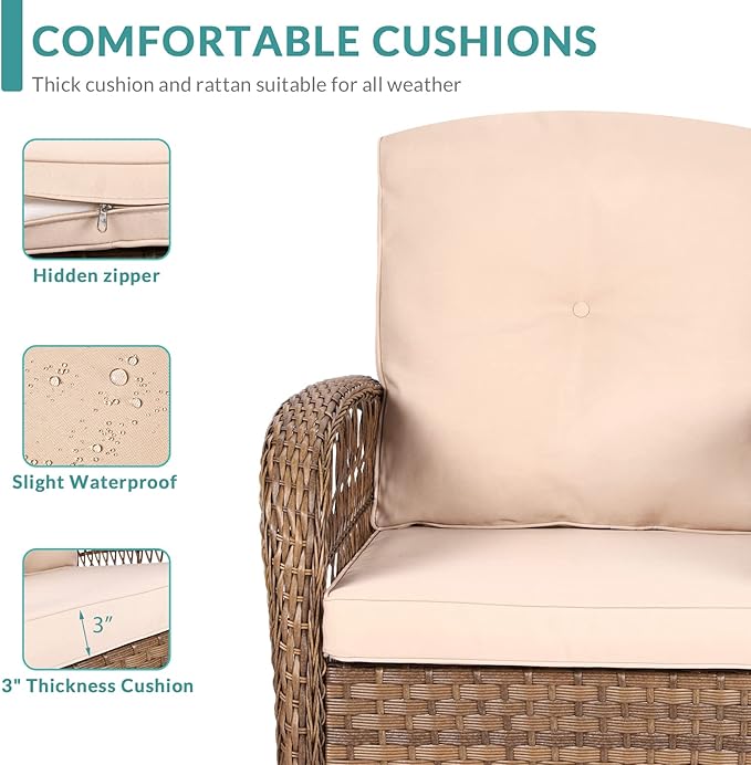 MEETWARM 3 Pieces Outdoor Patio Wicker Rocking Glider Set, Rocking Chairs Rattan Patio Furniture Sets with Thickened Cushion and Glass-Top Coffee Table, Conversation Bistro Set for Porch & Backyard