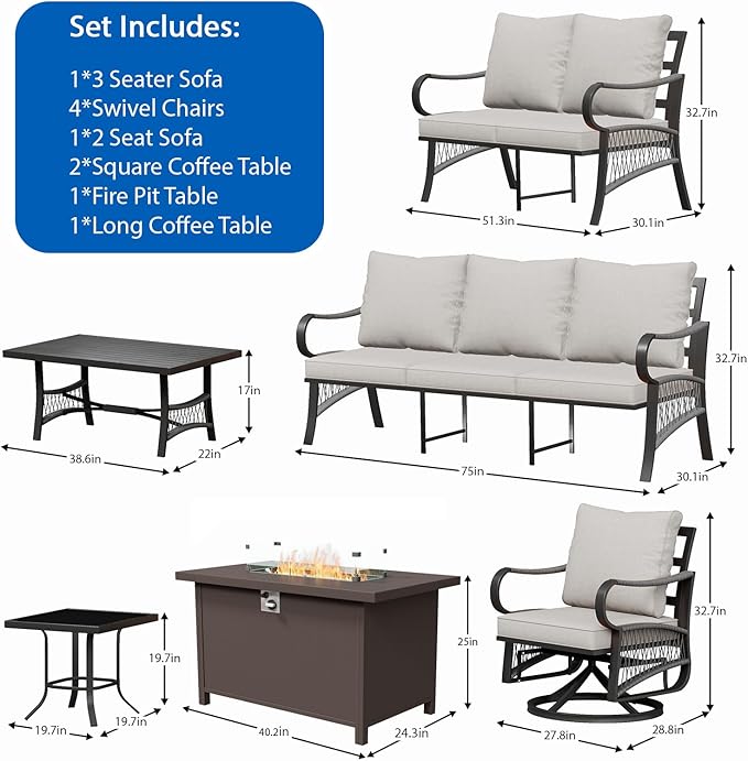 10 Piece Patio Furniture Set, All Weather Metal Outdoor Conversation Set with 50000 BTU Propane Fire Pit Table and 5" Thick Cushions, Sectional Sofa for Garden, Porch, Lawn, Beige