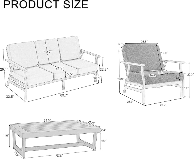 4 Pieces Patio Furniture Sets, Teak Wood Outdoor Sectional Furniture with Coffee Table, 5 Seats Patio Sofa Couch Conversation Set for Backyard Deck - Gray