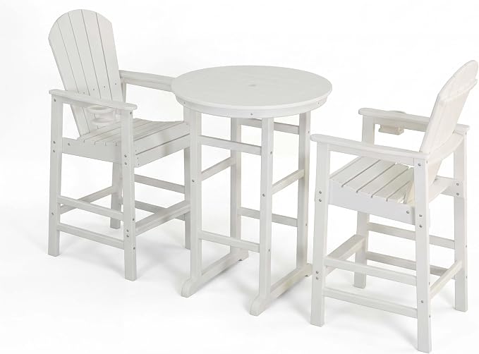 WILLIAMSPACE Height Patio Bar Table Set of 3, Outdoor Round Bar Table with Umbrella Hole, 2 Bar Stools with Cup Holders, 3-Piece All-Weather Outdoor Bistro Set for Kitchen Outside (White)
