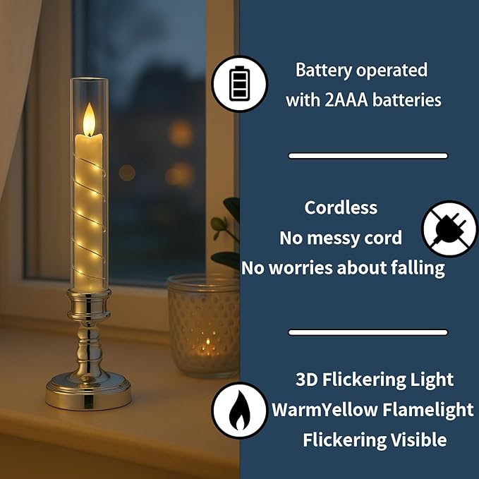 6 PCS Flameless Candles with Timer, Flickering Flameless LED Pillar Candles for Romantic Ambiance with Embedded Star String, Acrylic Battery Perated Fake Candles for Home Decoration (Gold)