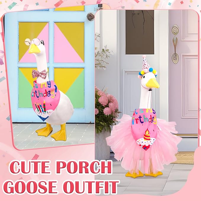 6Pcs Porch Goose Birthday Decor Set for Outdoor Cement Goose Yard | Cute Porch Goose Birthday Costume Accessory Kit With Tutu Skirt Party Hat Scarves Bow Tie Glasses for Outdoor Decoration