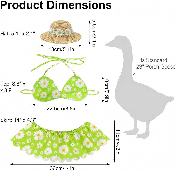 Daisy Goose Outfits 3Pcs Bikini Set for 23" Porch Goose - Spring & Summer Porch Goose Decor with Straw Hat, Daisy Print Top and Skirt, Cute Beach Bikini Goose Outfits for Lawn Garden Patio