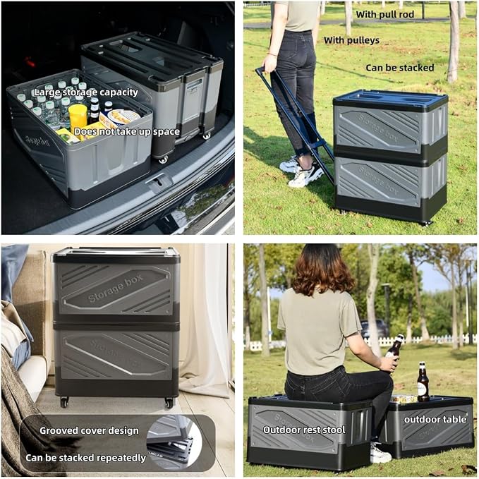 Versatile Outdoor Storage Bins with Lids, Deck Box, Folding Trolley, Shopping Cart and Camping Storage Box for Camping, Picnics and Shopping