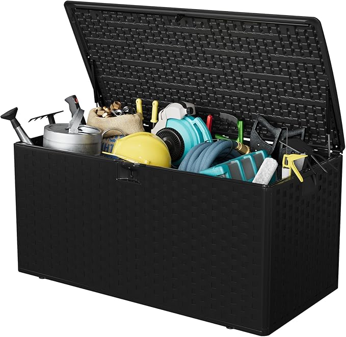 Takywep 100 Gallon Outdoor Storage Box, Waterproof Resin Deck Box with Lockable Lid, UV-Resistant Storage Bench for Patio Cushions, Garden Tools, Outdoor Furniture & Package Delivery Black