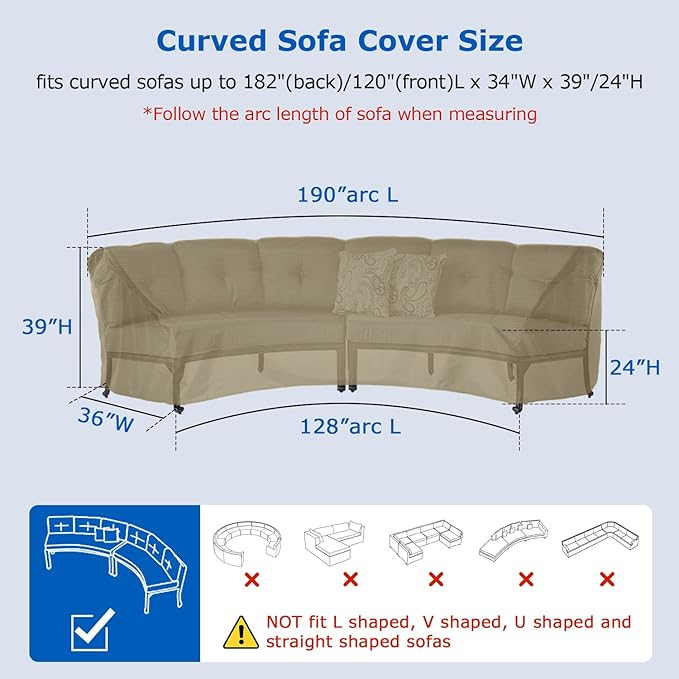 SunPatio Outdoor Curved Sectional Sofa Cover, Heavy Duty Waterproof Patio Couch Cover, All Weather Protection Furniture Protector with Sealed Seam, 190"(back)/128"(front)L x 36"W x 39"/24"H, Taupe