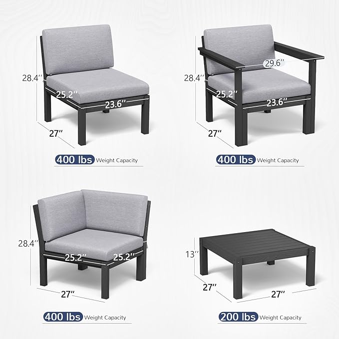 Stoog All-Weather Patio Conversation Set, 6-Piece Modular Outdoor Sectional Sofa with Table - Waterproof HIPS Frame & Quick-Dry Olefin Cushions, Black