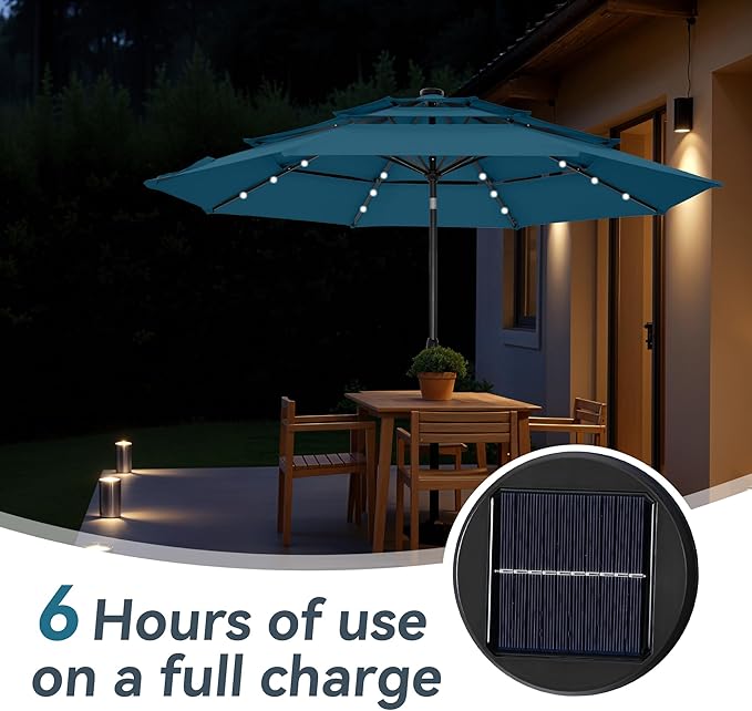 GREEN PARTY 10ft Patio Umbrella with Solar Lights, Auto-Tilt Lighted Market Table Umbrellas with Crank, 8 Sturdy Ribs & 1.5" Pole outdoor umbrellas for Patio Garden Deck Backyard Pool, Cerulean