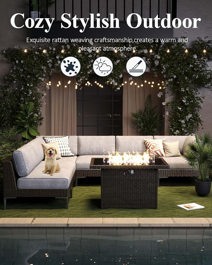 LayinSun 10-Piece Outdoor Modular Wicker Sectional Sofa with Fire Pit Table, Patio Furniture Conversation Set with Deep Seating and Thick Cushions