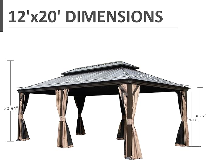 Domi 12' X 20' Hardtop Gazebo, Upgraded Metal Gazebo with Drainage System, Dual-Layer Galvanized Steel Roof, Curtain and Netting, Outdoor Shelter Canopy for Patio, Garden, and Backyard, Brown