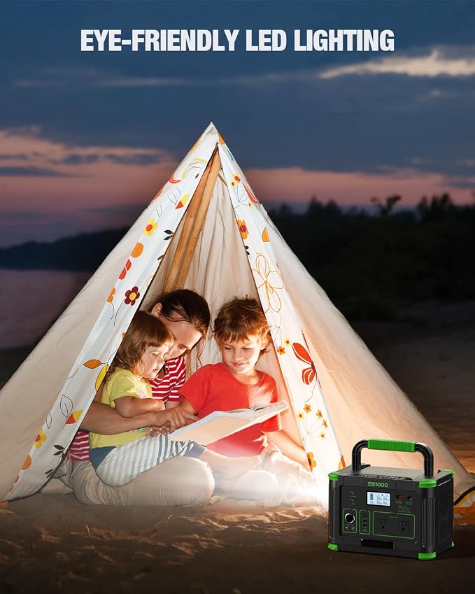 GRECELL 999Wh Solar Generator 1000W, Portable Power Station with 60W USB-C PD Output, 120V Pure Sine Wave AC Outlet Backup Lithium Battery for Outdoors Camping Travel Hunting Home (Peak 2000W)