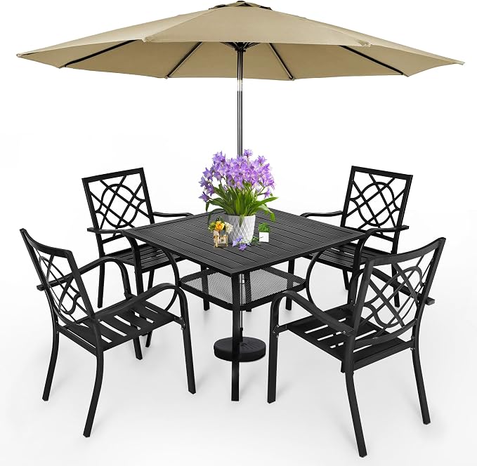 SUNCROWN 6-Piece Outdoor Wrought Iron Chairs and Table Patio Dining Furniture Set - 4 Stackable Metal Chairs, 1 Steel Slat Bistro Table and 1 Brown 9Ft Patio Umbrella for Garden Backyard Deck
