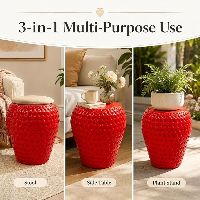 13.4" Strawberry Outdoor Garden Stool, Funky Fruit Side Table Indoor, Vibrant Table Home Decor Plant Stand Garden Indoor Outdoor Decorations