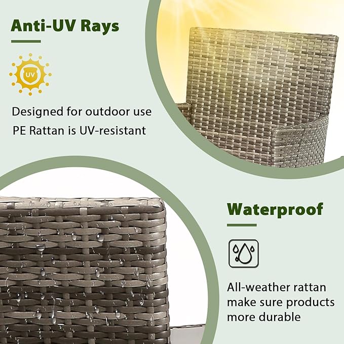 PayLessHere Outdoor Furniture Set 4 Pcs Modular Patio Furniture Set Water Resistant Conversation Set with 3 Rattan Chairs 1 Tempered Glass Topped Table for Patio Poolside, Gray Wicker/Blue Cushions