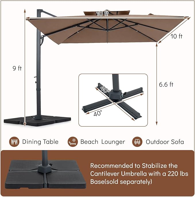 Tangkula 10 FT Patio Cantilever Umbrella, Large Square Offset Hanging Umbrella w/ 360° Rotation, 8 Sturdy Ribs, Air Vent & Cross Base, Heavy-Duty Outdoor Sun Shade for Backyard Pool Garden Deck, Tan
