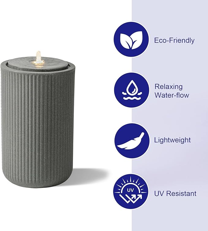 23.22” H Outdoor Water Fountain Made with Eco-Friendly Recyclable Materials, Polyethylene Round Bubbler Water Fountain Outdoor, Garden Decor with LED Light for Patio, Porch, Backyard