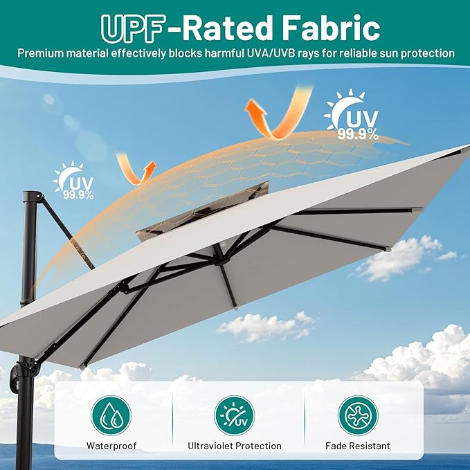 AreShark 11×11FT Double-Top Cantilever Patio Umbrella with Base Included, Offset Umbrella with 360 Degree Rotation, Heavy Duty Patio Umbrella for Garden Deck Pool, 5 Tilt Angles, Light Grey