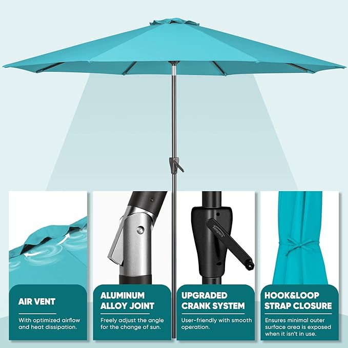 Tempera Patio Market Outdoor Table Umbrella with Auto Tilt and Crank, Large Sun Umbrella with Sturdy Pole & Fade Resistant Canopy, Easy to Set