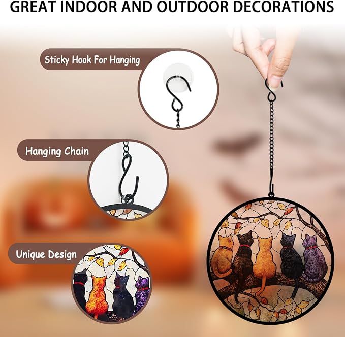 Bamlue Window Hanging - 5 Cats on a Branch Suncatcher for Window Doors Home Decoration and Christmas, Mother's Day Father's Day Birthday Gifts for Women, Men, and Mom