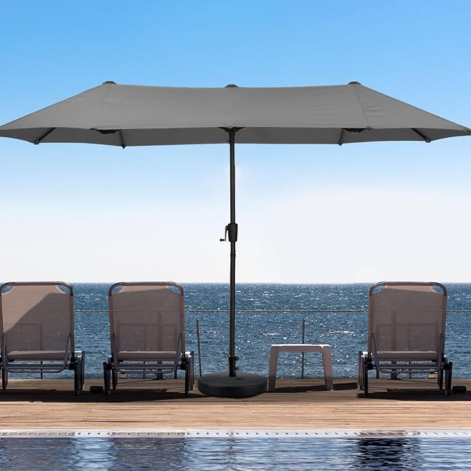 13Ft Large Patio Umbrella with Base Outdoor Double-Sided Market Extra Large Table Umbrella Easy Crank for Yard, Poolside, Deck-Gray