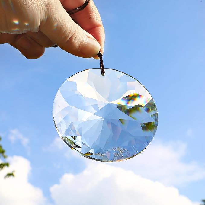 YU FENG Bauhinia Hanging Faceted Crystals Large Window Prisms Suncatcher | 3inch Round Crystal Ornament, Window Hanging Decor, Chandelier Pendant, Clear Sun Catcher Decoration