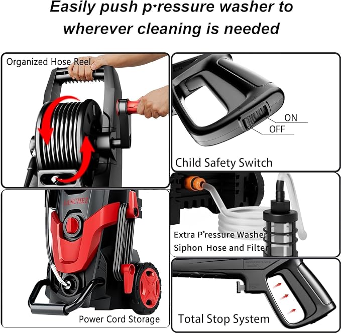 2026 New Pressure Washer 4800PSI w/4 Quick Connect Nozzles, Inlet Hose & Filter&500ML Soap Tank, High Cleaning Machine for Cars/Fences/Driveways/Patios/Home Cleaning,Red