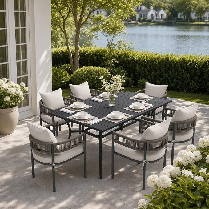 VICLLAX Patio Dining Set, 59.2" Black Table & 6 Chairs with Wheat Cushion | Outdoor Table and Chairs Set of Rectangular Metal Patio Table, Outdoor Dining Chairs with Metal Frame, Garden Deck Porch