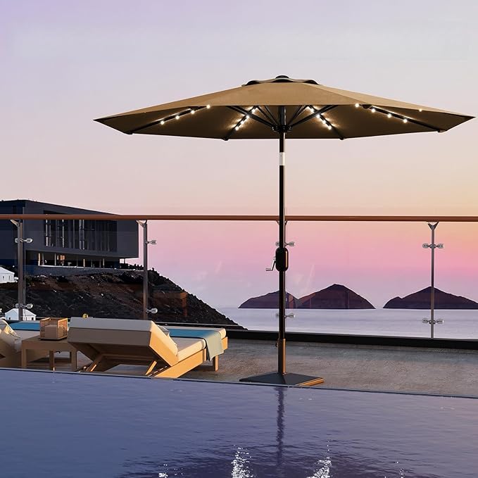 10 ft Patio Umbrella with Solar Lights, Outdoor LED Lighted Umbrella, 40 LED Lights & Tilt Crank, 8 Ribs for Poolside, Deck, Backyard