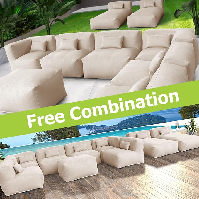 Patio Conversation Set Bean Bag Eraclea 9C Outdoor Chairs Sectional Daybed Furniture Outdoor Sofa Couch High Density Foam Filling Modern Comfy Patio Couch (Light Beige)