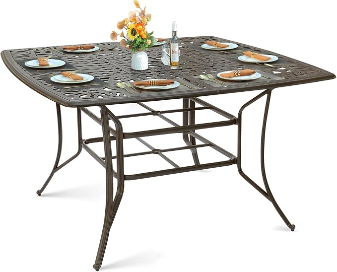 MEETWARM Patio High Bar Dining Table for 8 Person, All Weather Cast Aluminum 64" Large Square High Top Dining Table with 2.2" Umbrella Hole, Patio Bar Height Table for Garden Deck Backyard,Dark Bronze