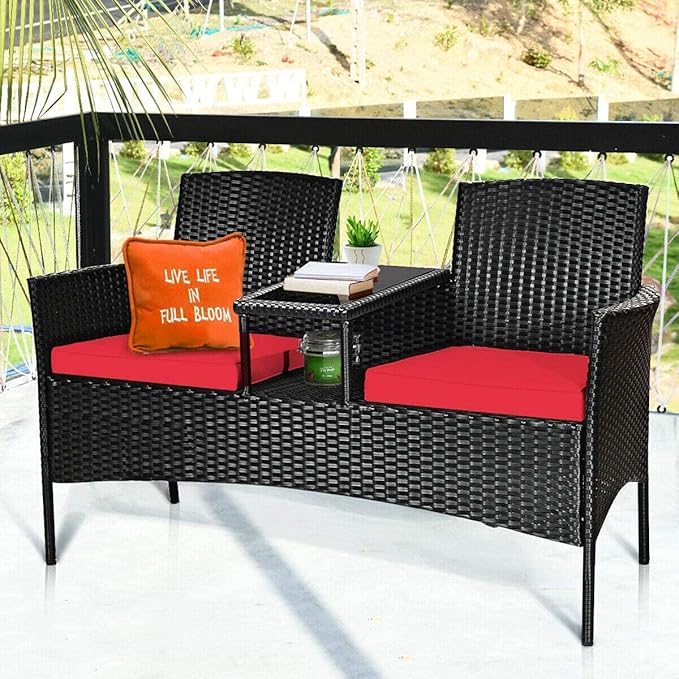 Patio Conversation Furniture Set, Outdoor Wicker Rattan Loveseat Sofa Set w/Tempered Glass Top, 2 Removable Cushions & Coffee Table, Ideal for Balcony/Garden/Lawn/Backyard, Red