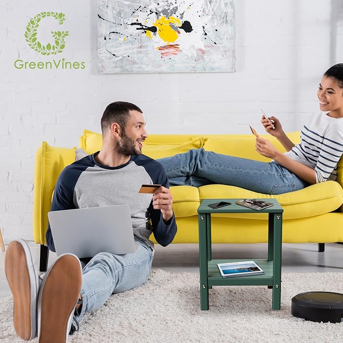 GREENVINES Adirondack-Outdoor-Side-Table | Set of 2 | 14 x 13 Inches | HDPE Plastic | All Weather | Forest Green | Outside End Tables | Storage Shelf | for Patio Porch Backyard Indoor